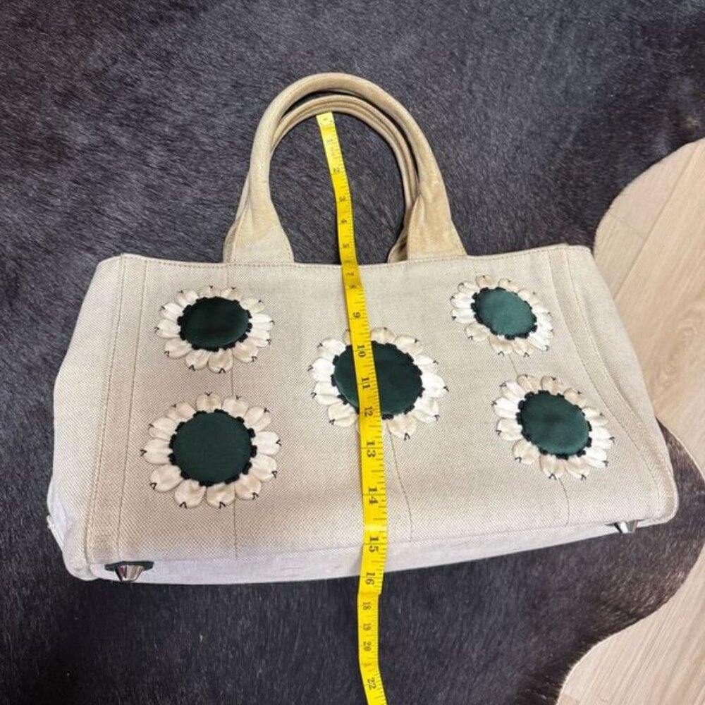 Prada Beige and Green Canapa Canvas and Satin Flower Tote Bag - Picture 11 of 12